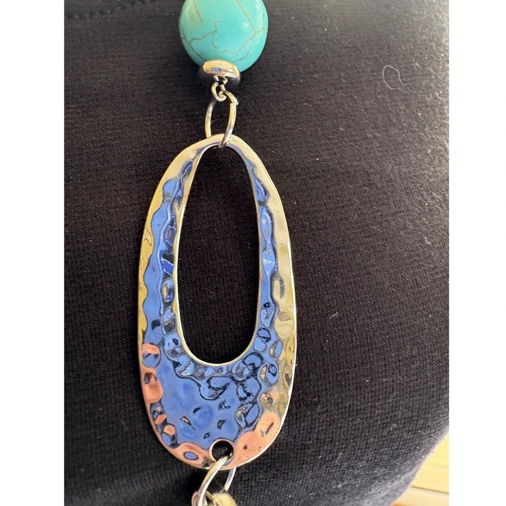 Silver Tone Long Turquoise Faux Stone Chain Necklace and Drop Earring‎ Set Boho